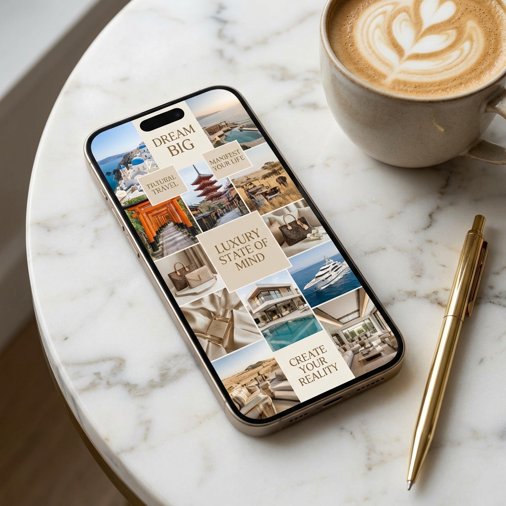 Phone showing a digital vision board wallpaper