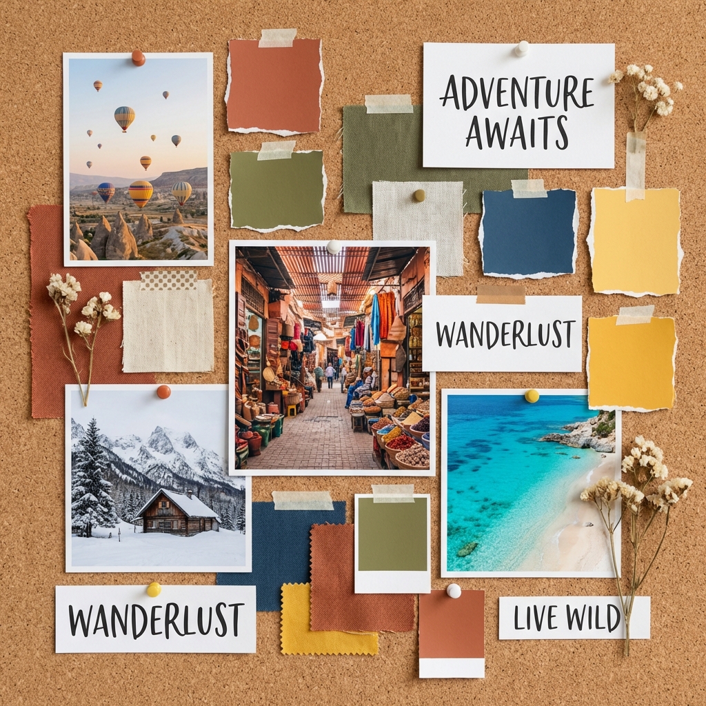 Aesthetic vision board mood board with inspiring photos and motivational quotes