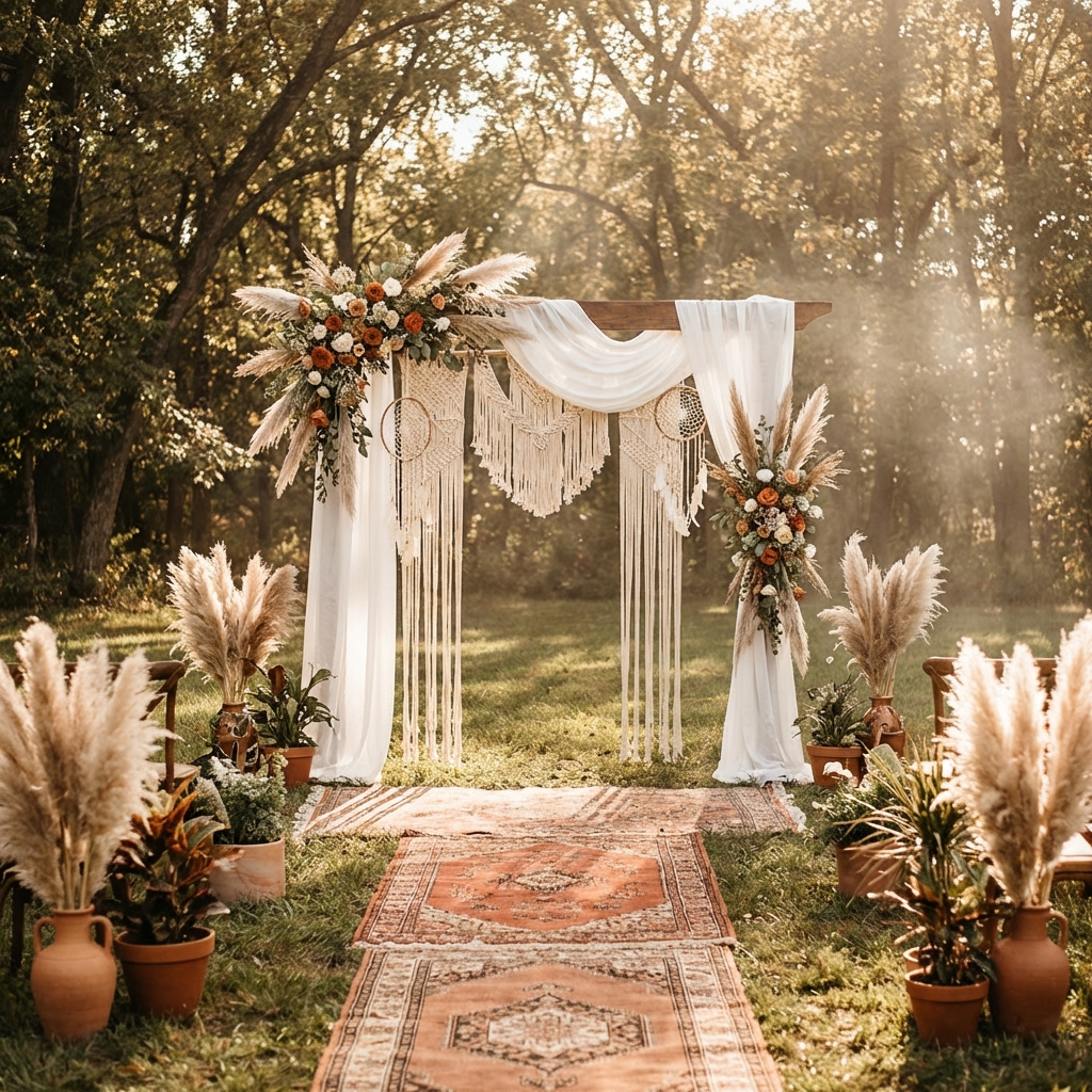 Bohemian outdoor wedding ceremony with macrame backdrop and pampas grass
