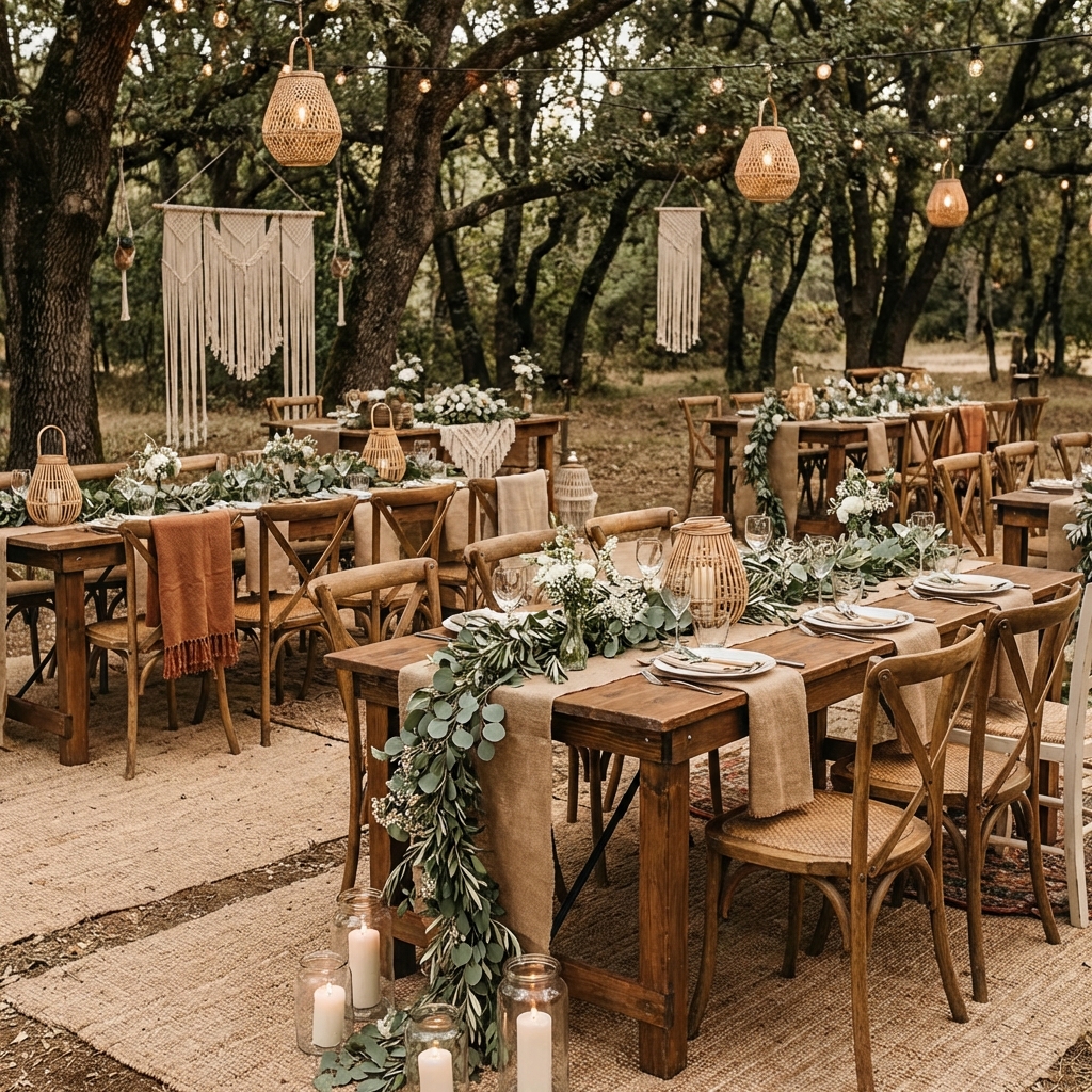 Earthy wedding decoration with rustic wooden tables and greenery