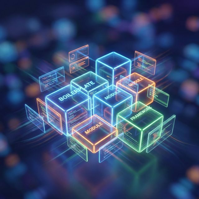 Abstract 3D illustration of glowing code blocks and modular UI components snapping together