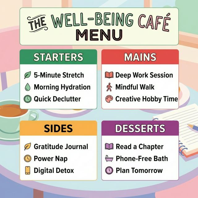 A colorful restaurant menu filled with ADHD self-care and productivity tasks